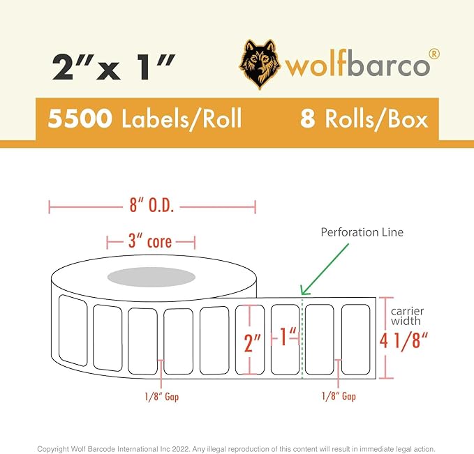 Direct Thermal Paper Label/Industrial Grade 2"X 1" White, with Perforation, 3" Core, 8" OD,5500 Labels/Roll (8 Rolls per Box), Compatible with Zebra, Godex and Datamax Printers