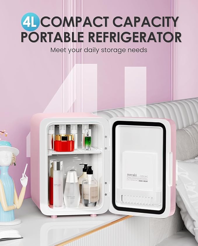 Skincare Fridge With Dimmable LED Light Mirror, 4L Makeup Mini Fridge for Bedroom, Car, Office & Dorm, Cooler & Warmer, Portable Small Refrigerator for Cosmetics, Skin Care and Food, Pink