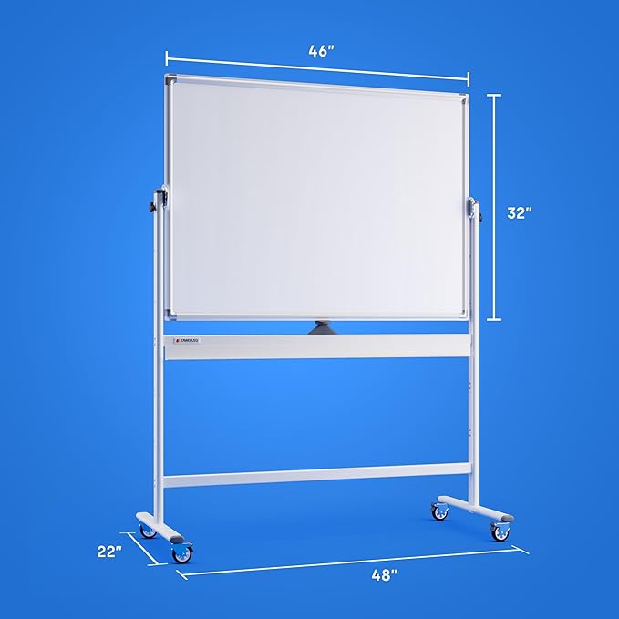 Rolling Dry Erase Board 46 x 32 - Large Portable Magnetic Whiteboard with Stand - Double Sided Easel Style with Wheels - Mobile Standing Whiteboard for Office, Classroom & Home