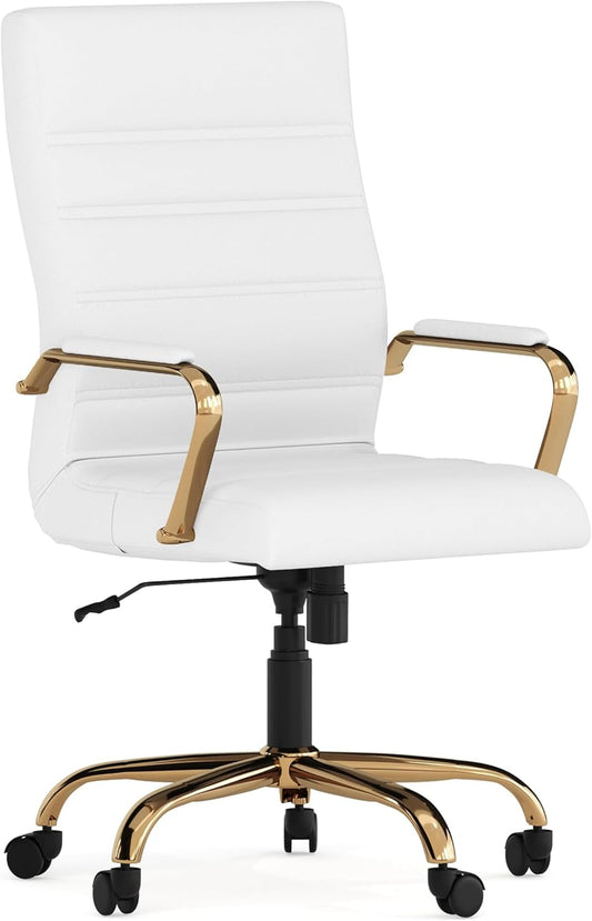 Flash Furniture Whitney Mid-Back Swivel LeatherSoft Desk Chair with Padded Seat and Armrests, Adjustable Height Padded Office Chair, 27"D x 26"W x 43"H, White/Gold