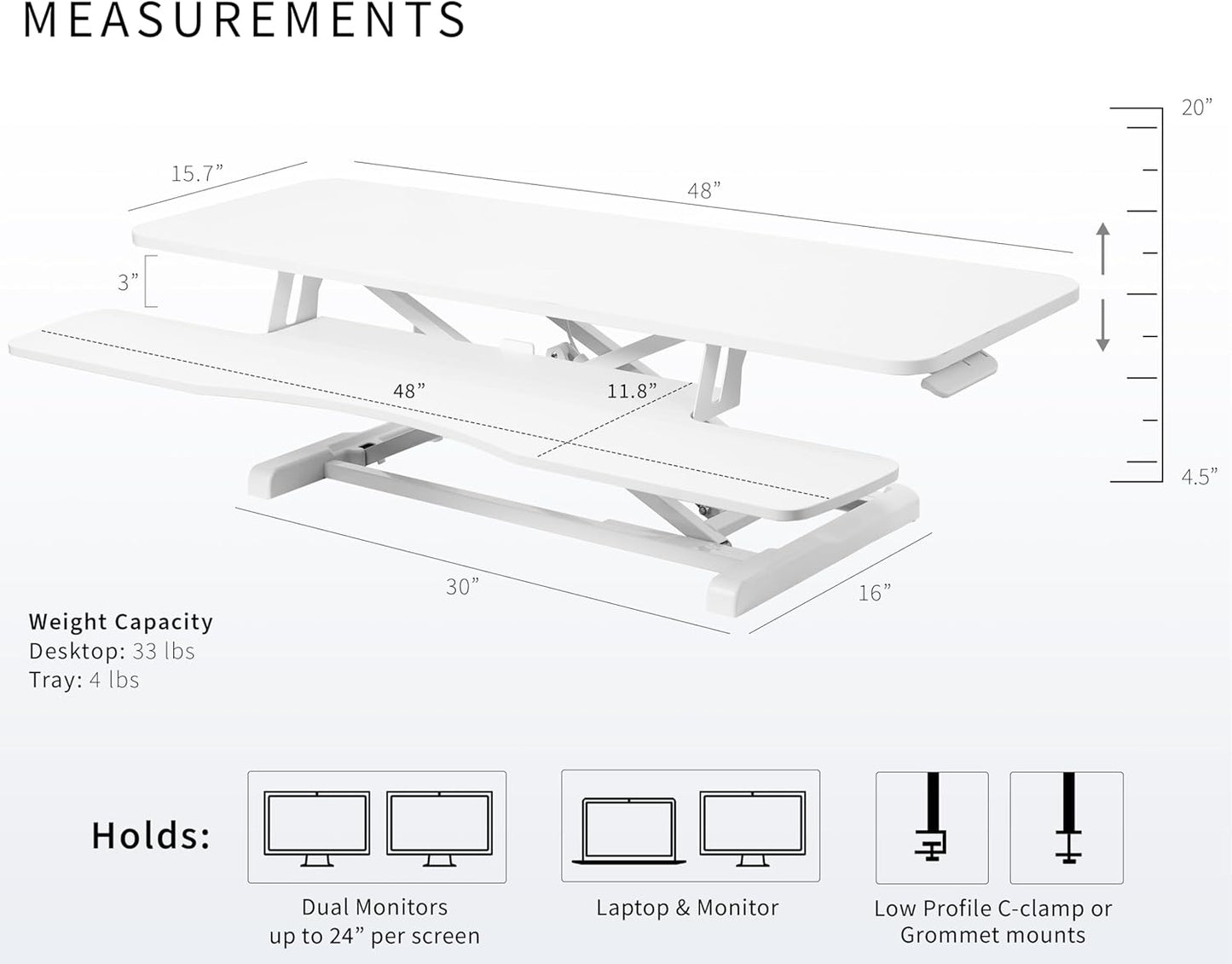 VIVO 48 inch Desk Converter, K Series, Height Adjustable Sit to Stand Riser, Dual Monitor and Laptop Workstation with Wide Keyboard Tray, White, DESK-V048KW