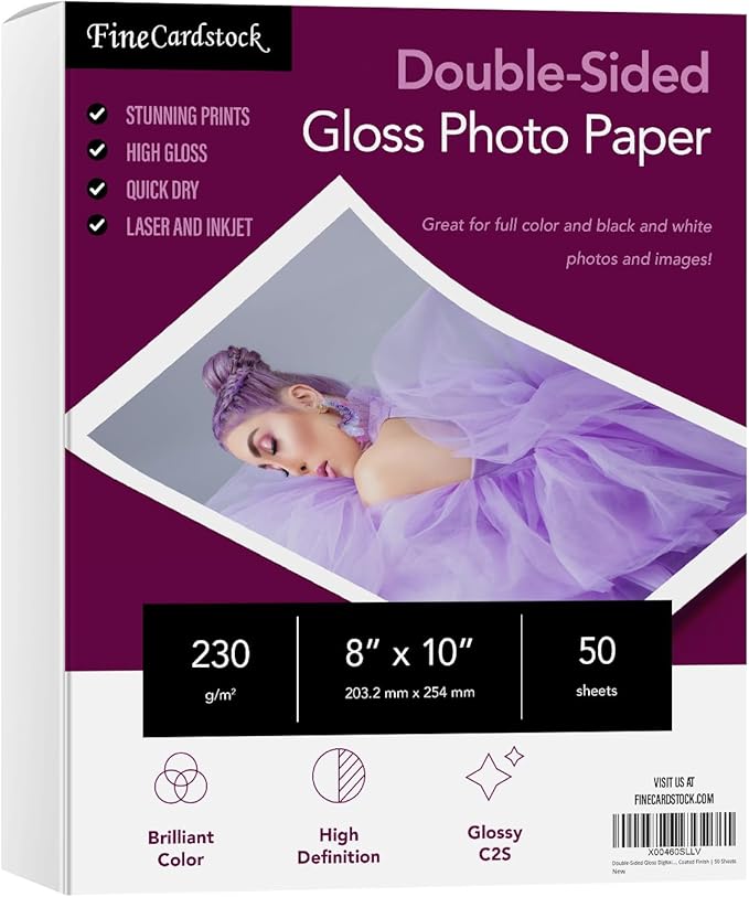8" x 10" Photo Paper for Inkjet & Laser Printers - Extra Thick, High Gloss for Full Color Printing - Premium White Glossy, Instant Dry Paper for Everyday Pictures, Albums - 50 Sheets per Pack