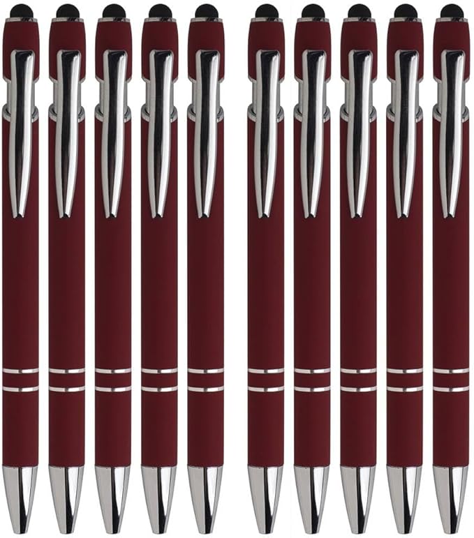 Wine Red Ballpoint Pens with Black Ink, 2-in-1 Stylus Tip, 1.0mm Medium Point, Matte Metal Barrel – 10-Pack for Office or School