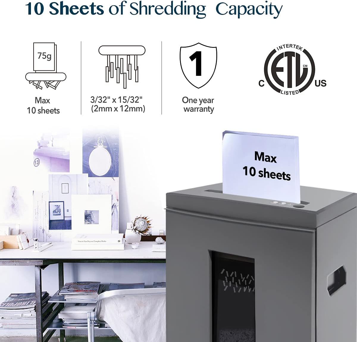 WOLVERINE 10-Sheet Super Micro Cut High Security Level P-5 Heavy Duty Paper/CD/Card Ultra Quiet Shredder for Home Office by 60 Mins Running Time and 6 Gallons Pullout Waste Bin SD9612 (Grey ETL)