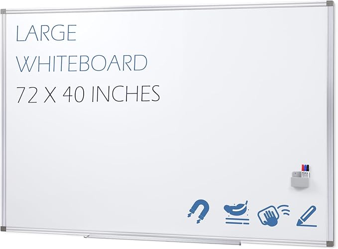 SWANCROWN Large Magnetic White Board, Dry Erase Board 72 x 40 Inches with Thick Aluminum Frame, Large Dry Erase Board for Wall Built-in Magnetic Pen Holder & Long Marker Tray for Conference Room