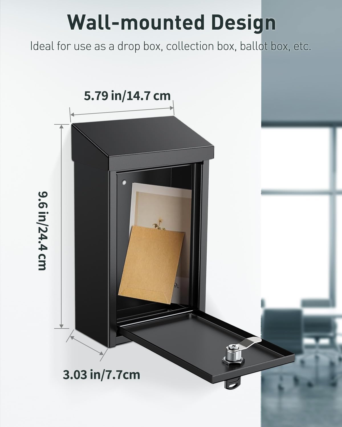 Uniclife Black Metal Donation Box Wall Mounted Mailbox with Top Slot, Collection Box with Key Lock, Safe Suggestion Box, Key Drop Box for Outside, Steel Cash Drop Box for Home Office and Business