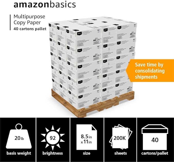 Amazon Basics Multipurpose Copy Printer Paper, 8.5 x 11 Inches, 20 lb, Pallet, 400 Reams (200,000 Sheets), 92 Bright, White