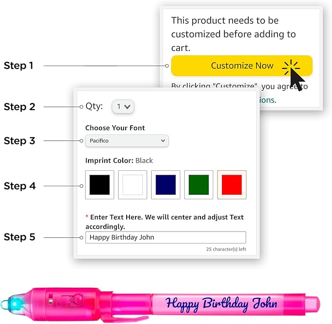 Personalized Invisible Disappearing Ink Pen Marker, Custom Secret Spy Message Writer with UV Light, Fun Activity Entertainment for Kid Party Favors Ideas Gifts and Stock Stuffers, 24 Pack, Pink