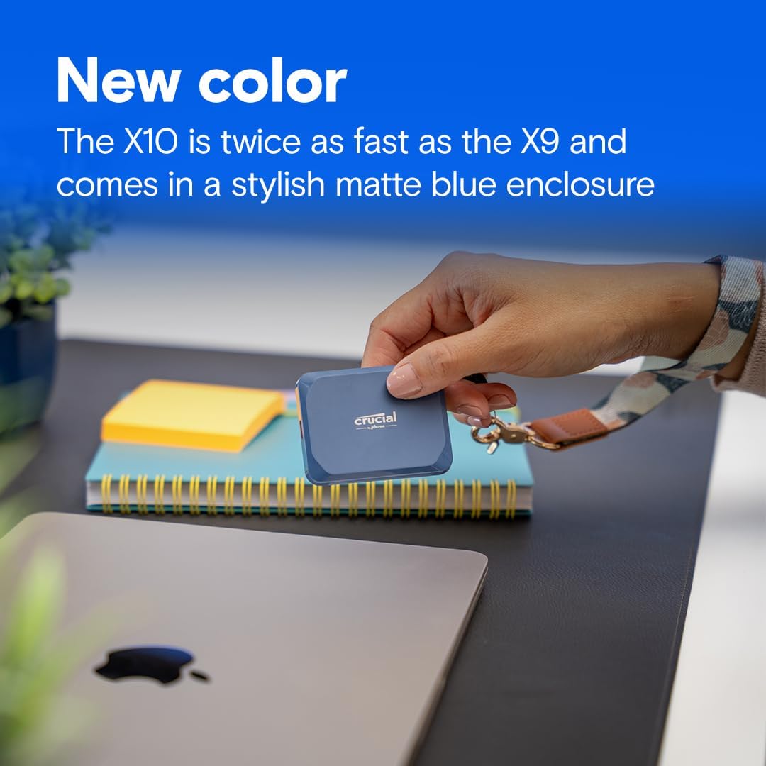 Crucial X10 2TB Portable SSD, Up to 2,100MB/s, USB 3.2 USB-C, External Solid State Drive, Compatible with Windows, Mac & Android, Durable Storage for Games, Photos & Files, Blue - CT2000X10SSD9-02