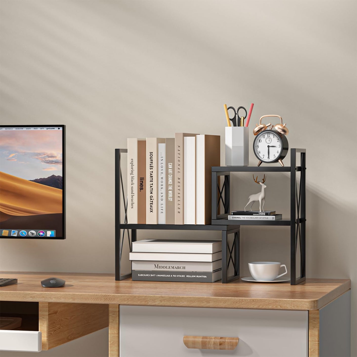 Desktop Shelf Organizer,Small Bookshelf for Office,Wood Desk Top Shelves, Office Organization and Storage (Black)