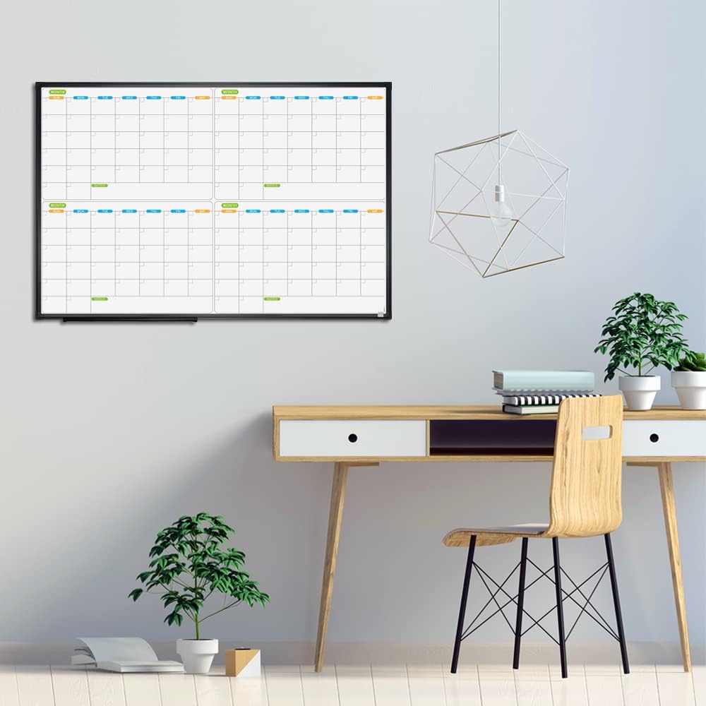 JILoffice Magnetic Dry Erase Calendar Whiteboard, 4 Month White Board Planner 36 X 24 Inch, Black Aluminum Frame Wall Mounted Board for Office Home and School