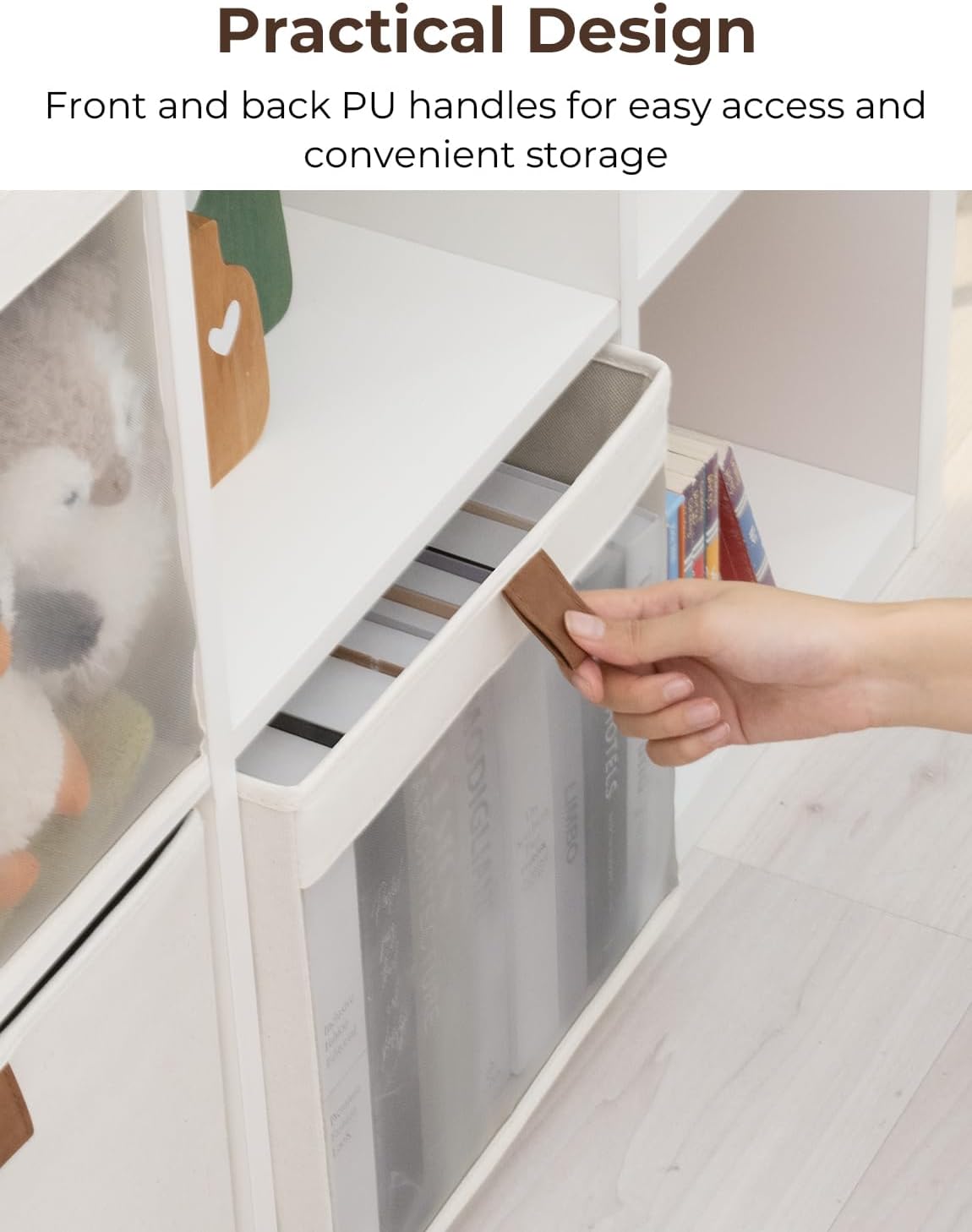 StorageWorks 13x13 Storage Cubes, Closet Storage Bins with Clear Window, Large Fabric Organizer for Clothes, Collapsible Storage Baskets with PU Handles, Beige, 3-Pack