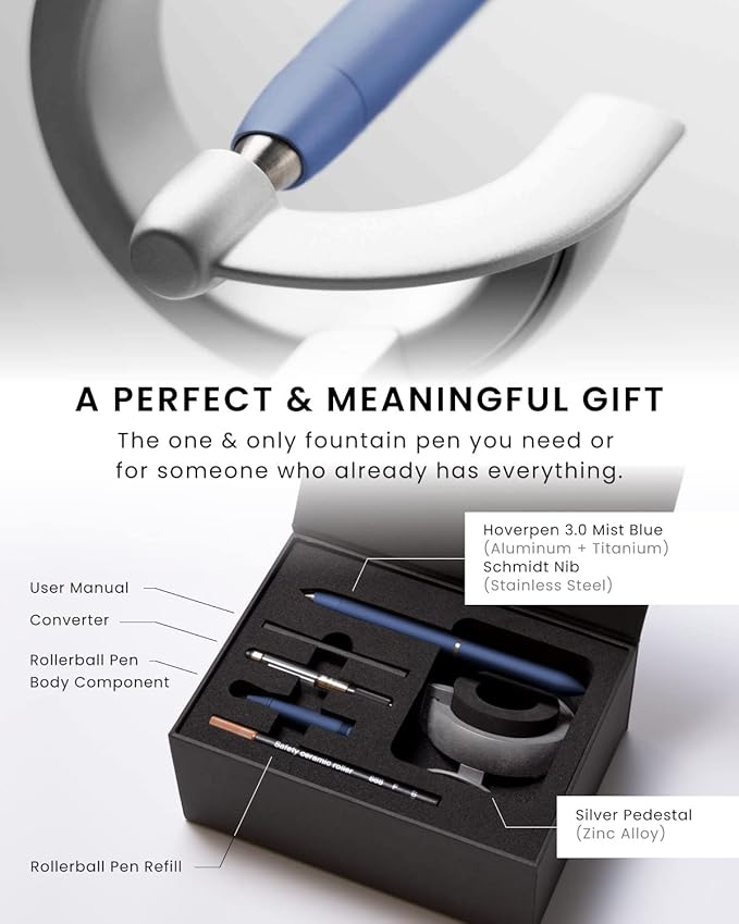 novium Hoverpen Future Edition - Luxury Fountain Pen & Rollerball Pen All-In Gift Box, Fine Nib, Futuristic Aesthetic, Aerospace Metal Made, Free Spinning Executive Pen, Mens Gifts Ideas (Mist Blue)