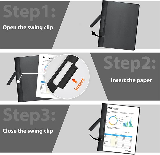 TOTiyea 10 Pack Clear Report Covers with Swing Clip, File Folder with Swing Clip, 30 Sheets Capacity, Slide Locking Report Covers, Letter Size (Black, 10 Pack)