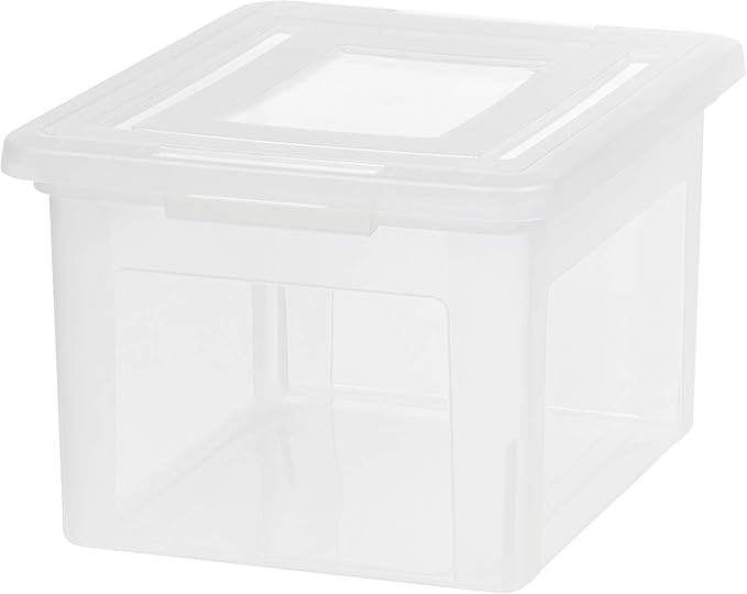 IRIS USA File Box, Plastic File Boxes With Lids, Document Organizer for Letter/Legal File, Document Box, Storage Bin For Hanging Files, Secure Latching Lid Stackable BPA-Free, Clear 35 Qt. 1 Pack