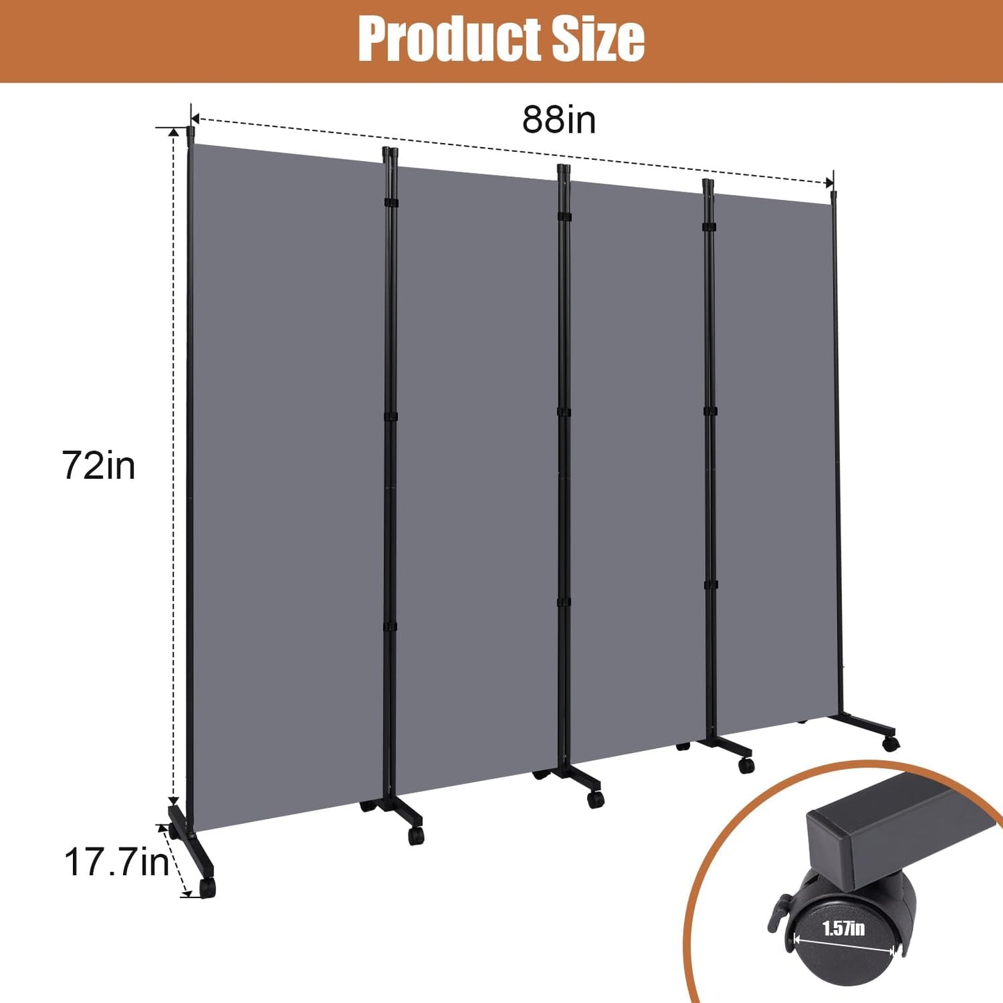 Room Divider Portable 88'' Partition Room Dividers and Folding Privacy Screens 4 Panel Wall Divider for Room Separation，Freestanding Fabric Room Divider Panel with Wheels for Home Office Hospital