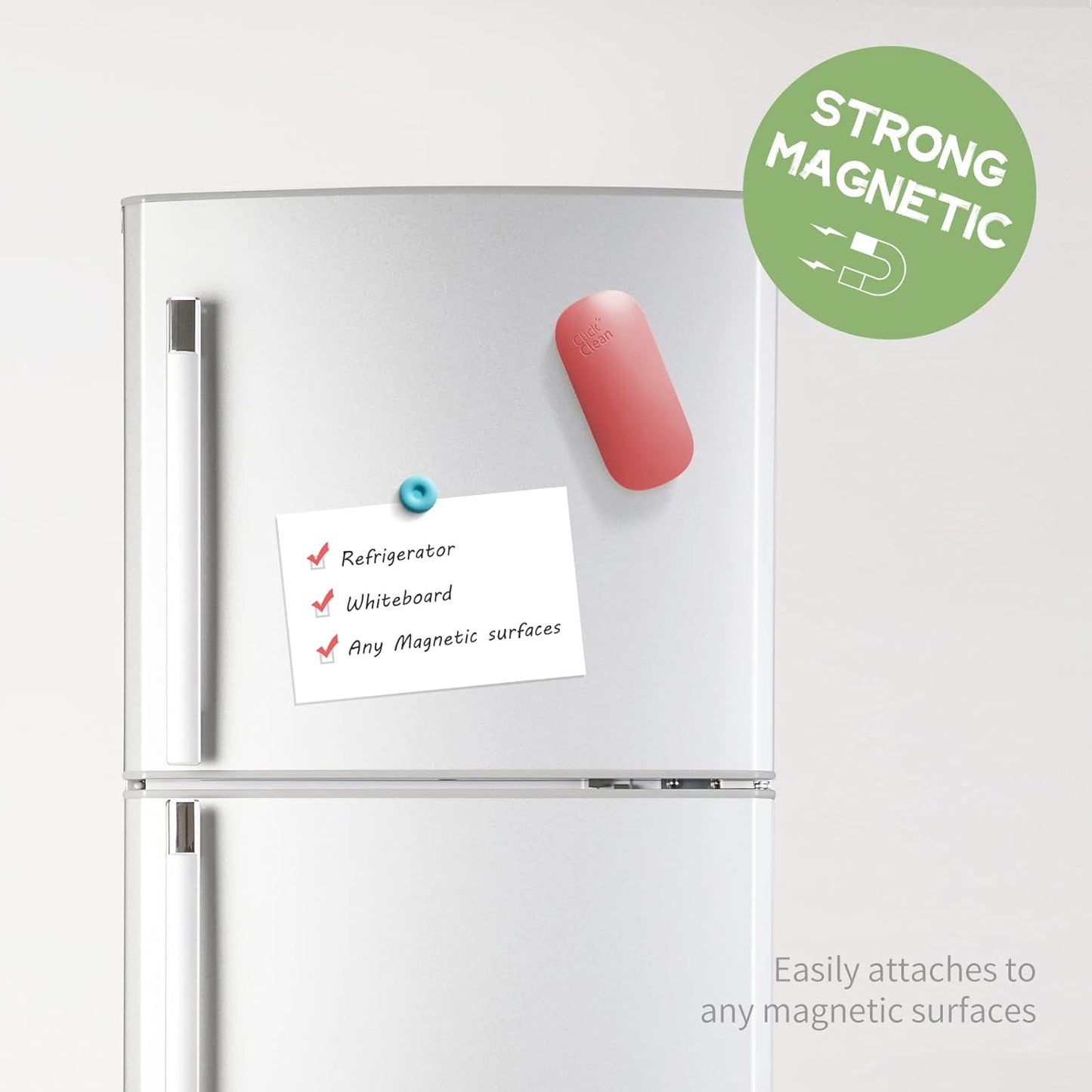 CLICK CLEAN Replaceable Dry Erase Board Eraser, 4-in-1 Magnetic Whiteboard Eraser with 3 Replaceable Felt Pads, Free 3.4oz Whiteboard Cleaner Included, Intended for Classroom, Home and Office