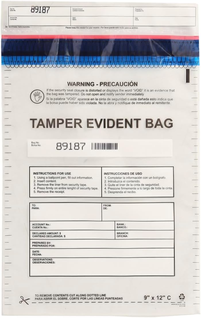 9”x12" Clear Plastic Deposit Bags with Security Tape Tamper Evident - Secure Bank Deposits, Cash Handling, & Currency Transport | Self-Sealing Tape with Hidden Graphics | 100-Pack
