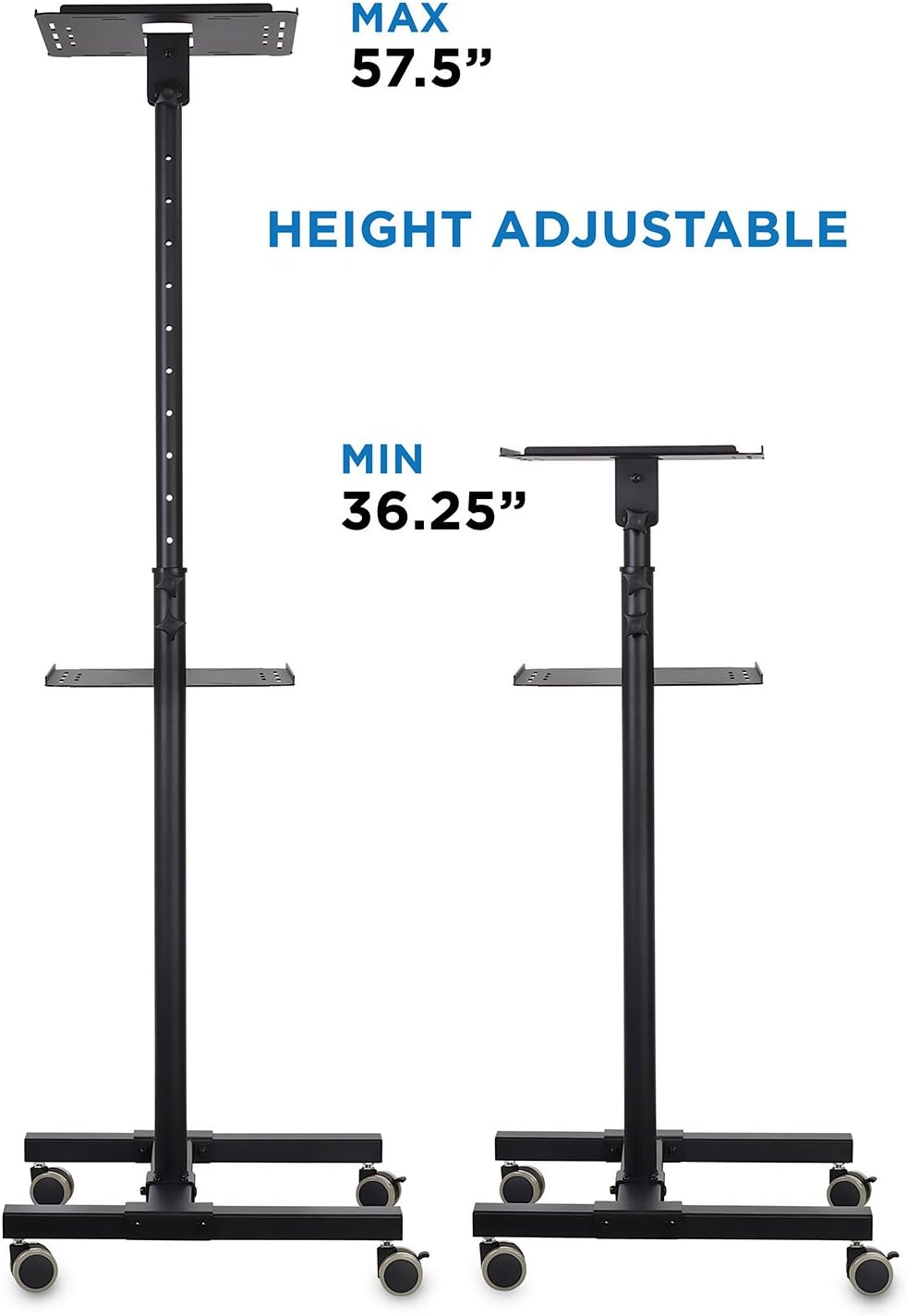 Mount-It! Mobile Projector and Laptop Stand (2 Shelves), Rolling Cart with Ventilated Tray, Heavy Duty, Height Adjustable Laptop and Projector Presentation Trolley, Black