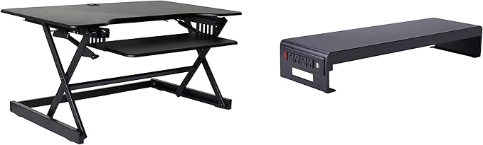 Rocelco 40" Large Height Adjustable Standing Desk Converter with Dual Monitor Stand BUNDLE - Quick Sit Stand Up Computer Workstation Riser - Retractable Keyboard Tray - Black (R DADRB-40-DMS)
