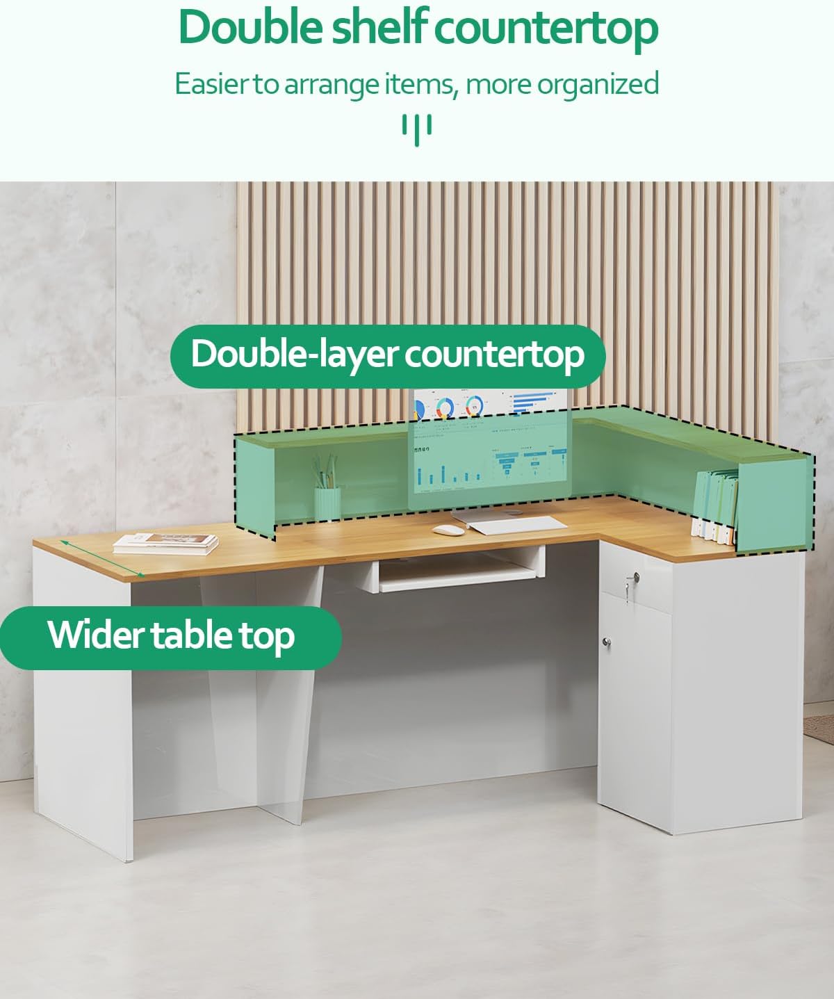 L Shaped Reception Desk, Solid Wood Front Desk with Counter & Lockable Drawers, Retail Checkout Customer 2 Person Secretary Desks for Home Office Lobby Store (70in,Left)