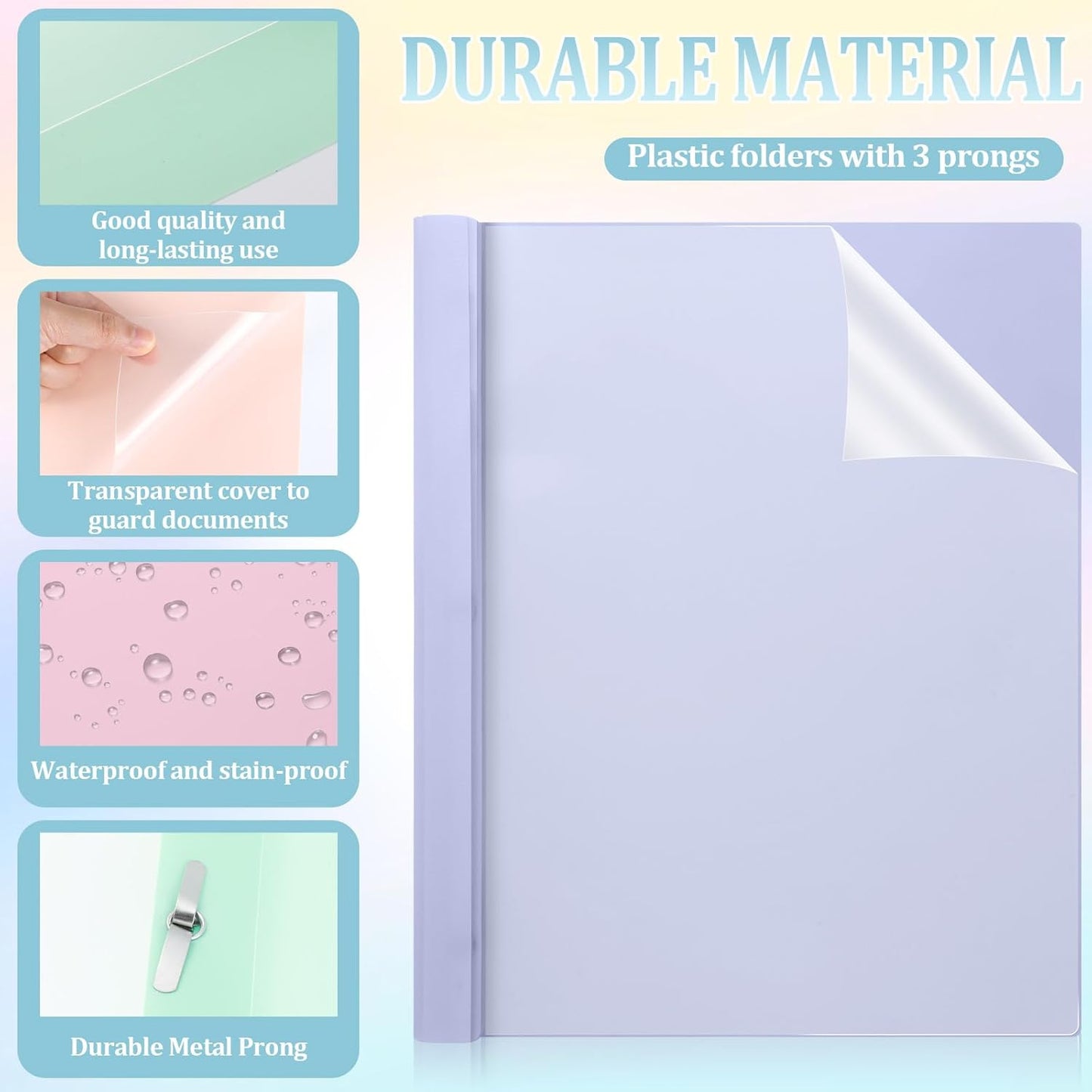 6 PCS Pastel Plastic Report Covers with 3 Prongs Clear Front Presentation Folders 3 Prong Folders for Resume Portfolio Document Report Letter Proposal School Classroom Office Supplies (Pastel)