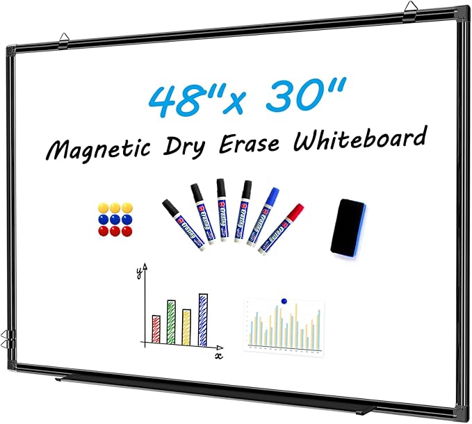 H-Qprobd 48"x30" Magnetic White Board Dry Erase Wall Mount Whiteboard - Office Home Classrooms White Board Hanging Writing Board with Black Aluminum Frame