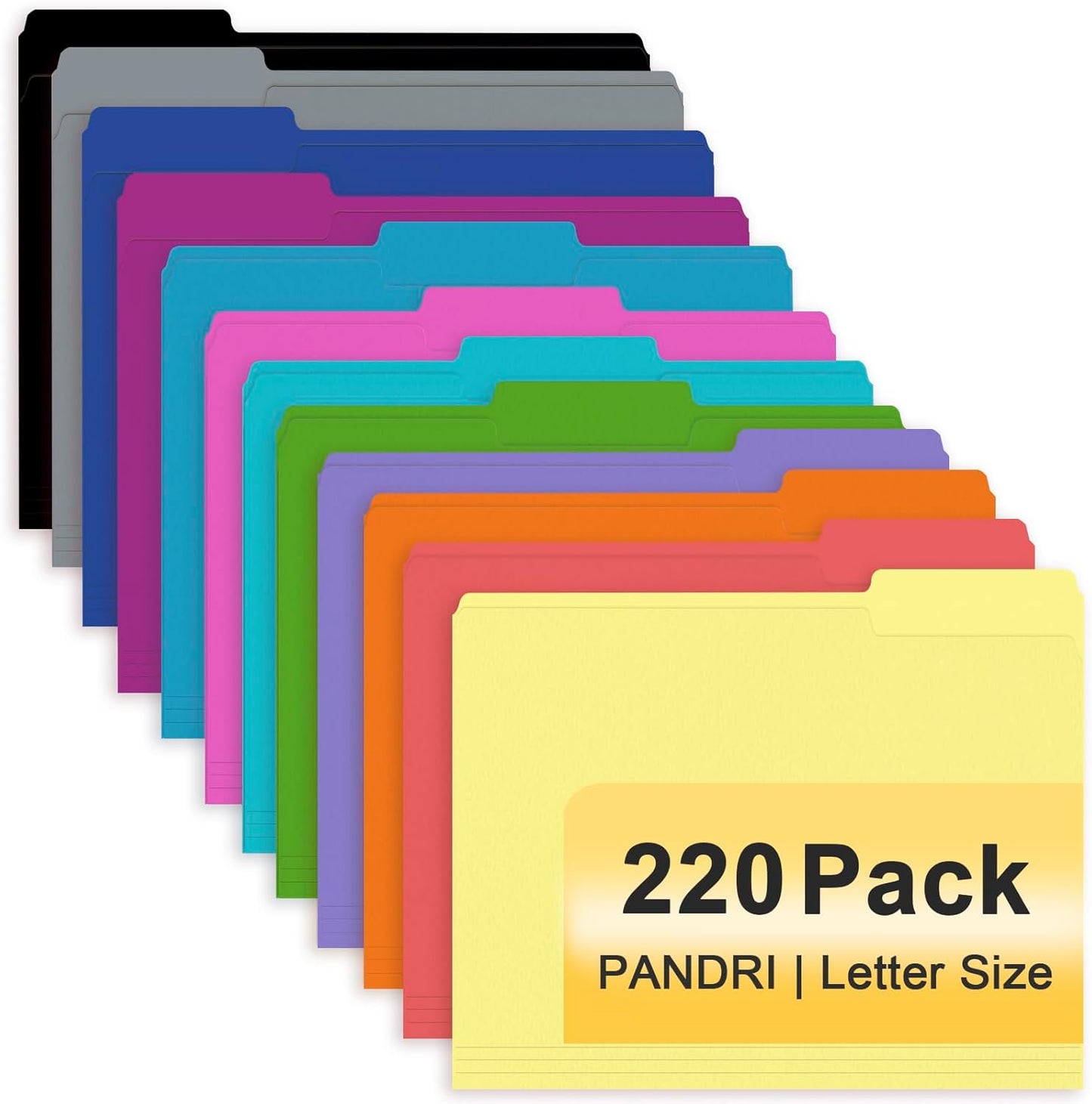 File Folder, PANDRI 220 Pack Colored File Folder, 1/3 Cut Tab, Letter Size, Assorted 12 Colors Filing Folder for Office School Business