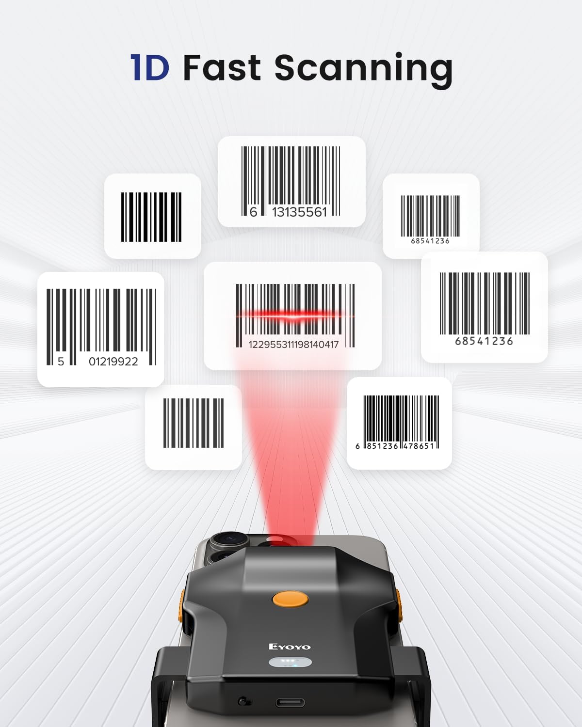 Eyoyo Bluetooth Barcode Scanner Wireless: Portable Phone Back Clip 1D Bar Code Reader for Library, Retail Store, Book Inventory - Fast UPC ISBN Scanner Compatible with 4.7"-7.2" Android Phone, iPhone