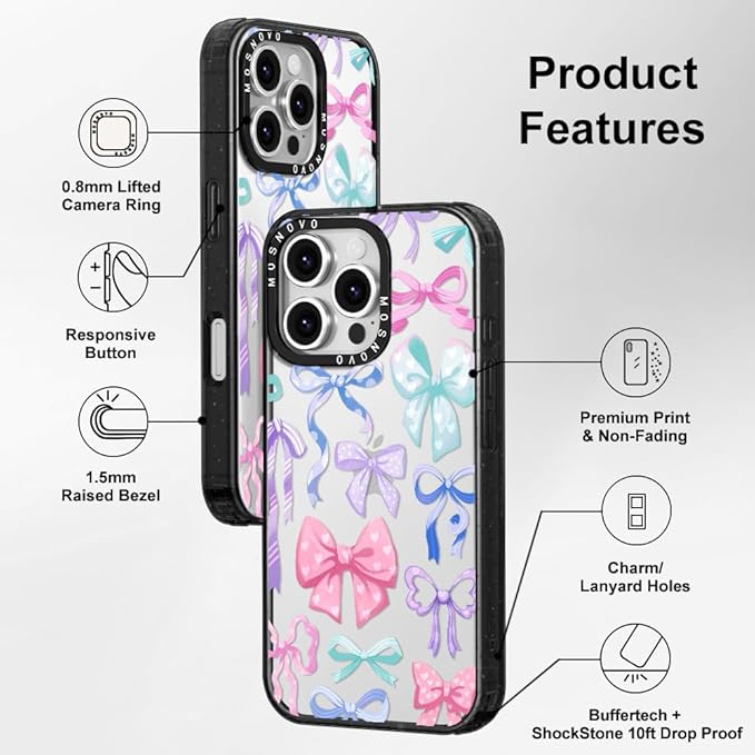 MOSNOVO Case for iPhone 16 Pro, [10ft 4X Military-Grade Drop Protection] Durable & Shockproof Phone Case Cover Design for iPhone 16 Pro - Bows - Clear Black