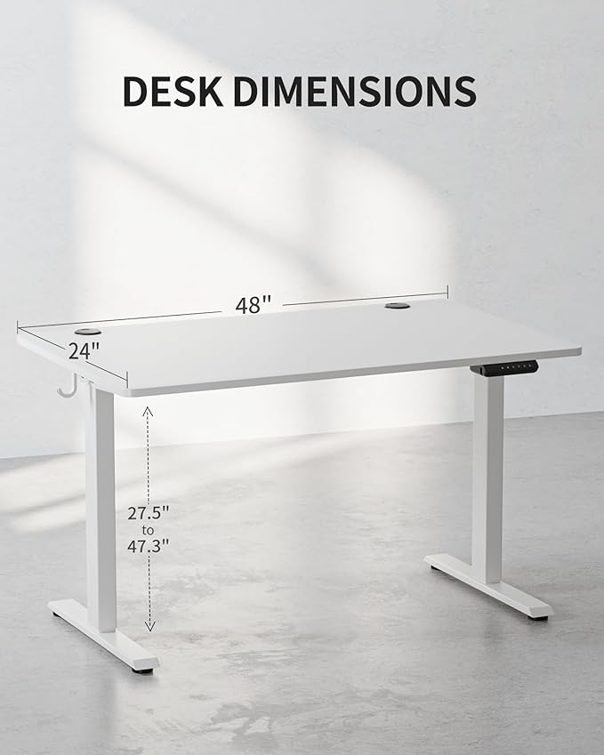 FEZIBO One-Piece Standing Desk Adjustable Height Stand up Home Office Desk, 48x24 Inch Electric Standing Computer Desk, with 4 Memory Presets, Fixable casters, White