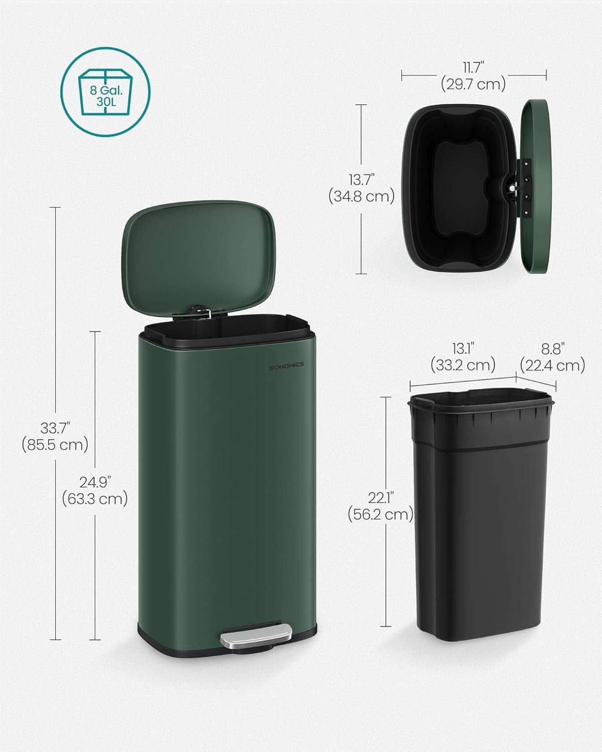 SONGMICS Trash Can with Lid, 8 Gallon Garbage Can, Stainless Steel Small Waste Bin with Step Pedal and Inner Bucket, Soft Close, Kitchen, Retro Green ULTB003C01