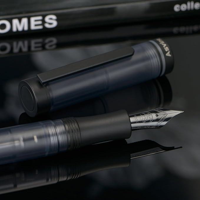 Asvine V200 Titanium Fountain Pen Vacuum Filling, Matte Black Bock Fine Nib Transparent Acrylic Smooth Writing Pen Case Set