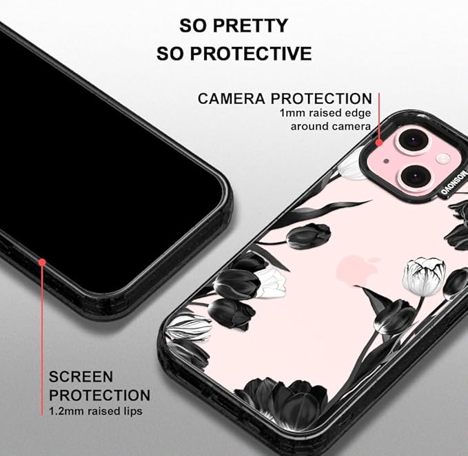 MOSNOVO Case for iPhone 15 Plus, [10ft 4X Military-Grade Drop Protection] Durable & Shockproof Phone Case Cover Design for iPhone 15 Plus / 14 Plus - Black White Tulips - Clear Black