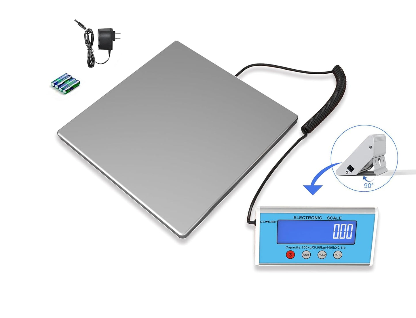Shipping Scale 440lb with High Accuracy, Heavy Duty Stainless Steel Postal Scale with Hold/Tare, Digital Shipping Scale for Packages/Luggage/Post Office/Home, Battery & AC/DC Adapter