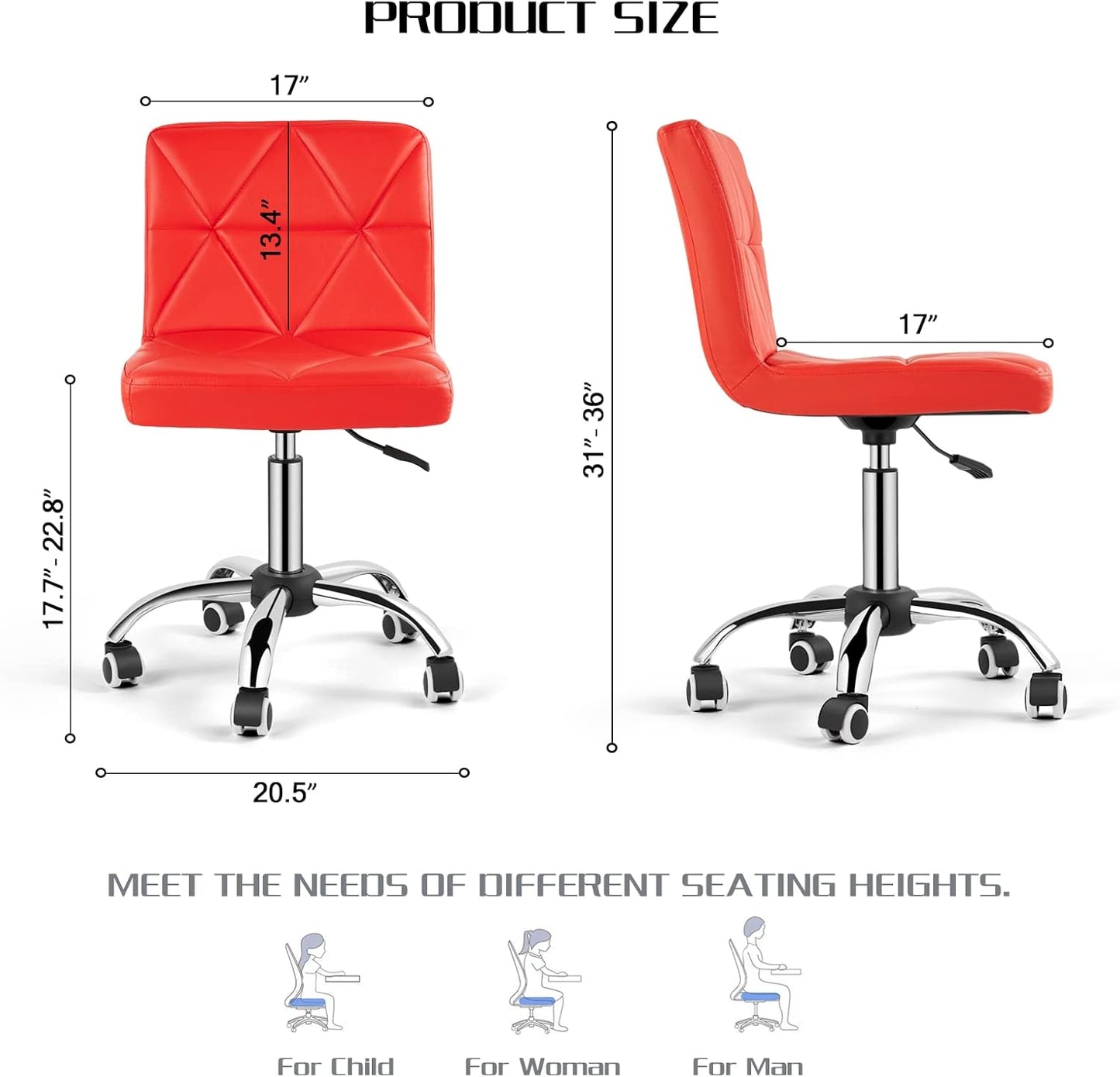 COSVALVE Armless Desk Chair, Mid Back Swivel Office Chair, Adjustable Task Chair with Rolling Wheels and Diamond Pattern, for Home Computer Barber, Red