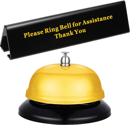 Boao Desk Service Dinner Bell Metal Silver Call Bell and Double Side No Receptionist Sign Please Ring Sign for Service Assistance for Hotel School Restaurant Reception Area(Yellow Bell)