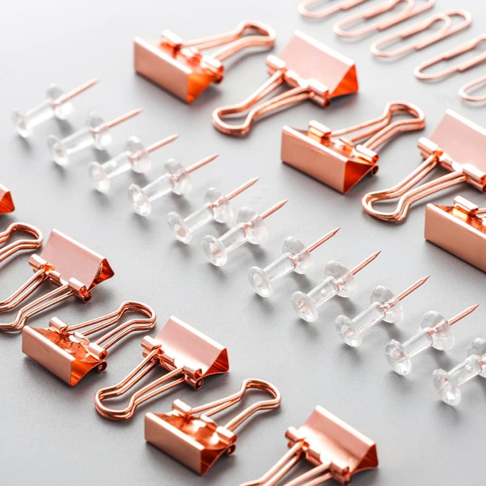 Paper Clips and Binder Clips Set, 3 Pack, 216 pcs, Metal Assorted Sized Binders with Push Pins, Cute Rose Gold Office Supplies for Desk, Desk Accessories