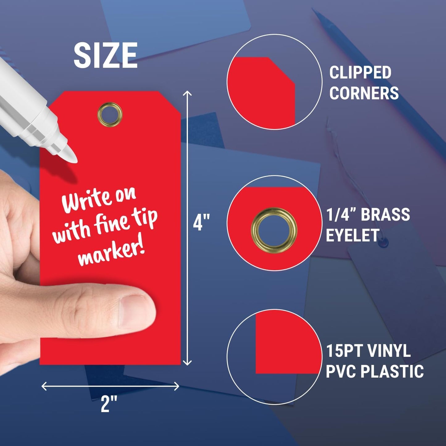 Tags 4 Less 15 Mil Waterproof Plastic Tags, Pack of 100 – 2” x 4” Heavy Duty Plastic Tags for Labeling, Outdoor Tagging, Equipment Labeling, Luggage, Valves & More (Red)