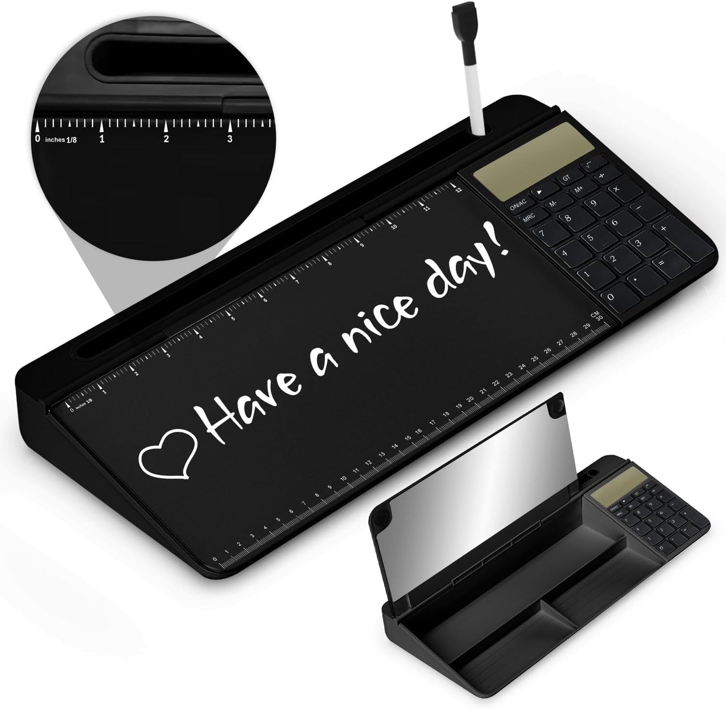 Desktop Glass Whiteboard with Mirror & Calculator(12 Digit LCD Display) & Ruler Marker,Tilted Computer Keyboard Stand with Dry Erase Board Surface, Desk Organizers with Accessories,Black