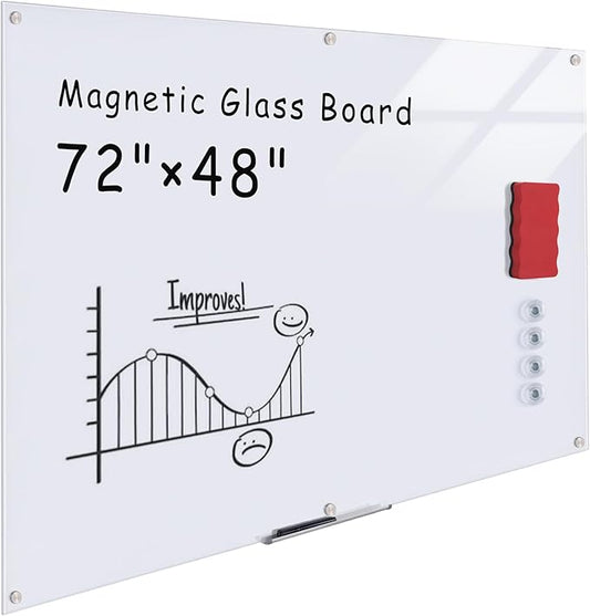Magnetic Glass Whiteboard，72"x48" Wall Mounted Frameless Dry Erase Board for Office, Home & School Ultra White