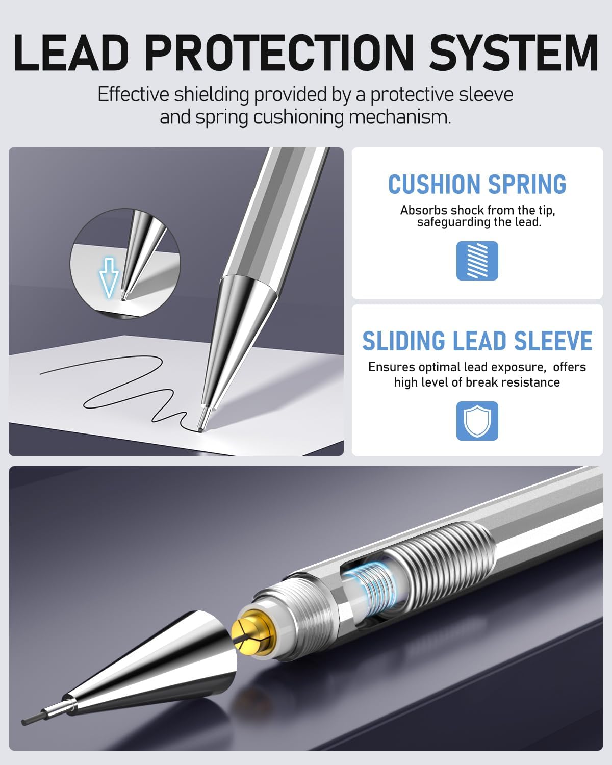 Four Candies 0.9mm Metal Mechanical Pencil Set with Case - 4PCS Fancy Mechanical Pencils, 8 Tubes HB #2 Lead Refills, 3PCS 4B Erasers and 9PCS Eraser Refills, Led Pencils Mechanical for Writing