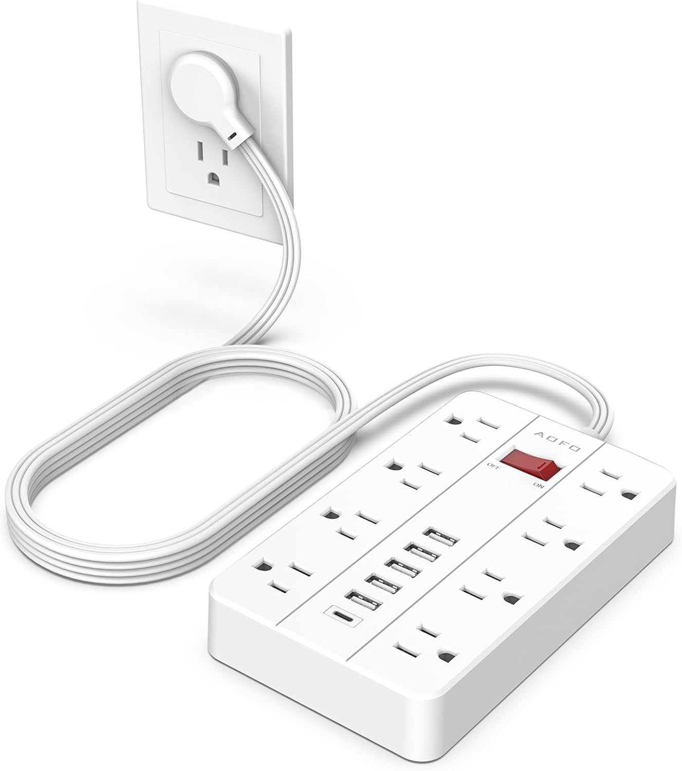 Power Strip Surge Protector with 6 USB (1USB C) Ports,AOFO 5 ft Extension Cord Flat Plug with 8 Widely Spaced Outlets,Wall Mountable Charging Station for Phone Tablet Laptop Computer Multiple Devices