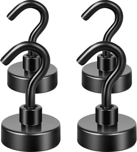 Neosmuk Magnetic Hooks, Heavy Duty Earth Magnets with Hook for Refrigerator, Extra Strong Cruise Hook for Hanging, Magnetic Hanger for Cabins, Grill (Black, 4 Pack)
