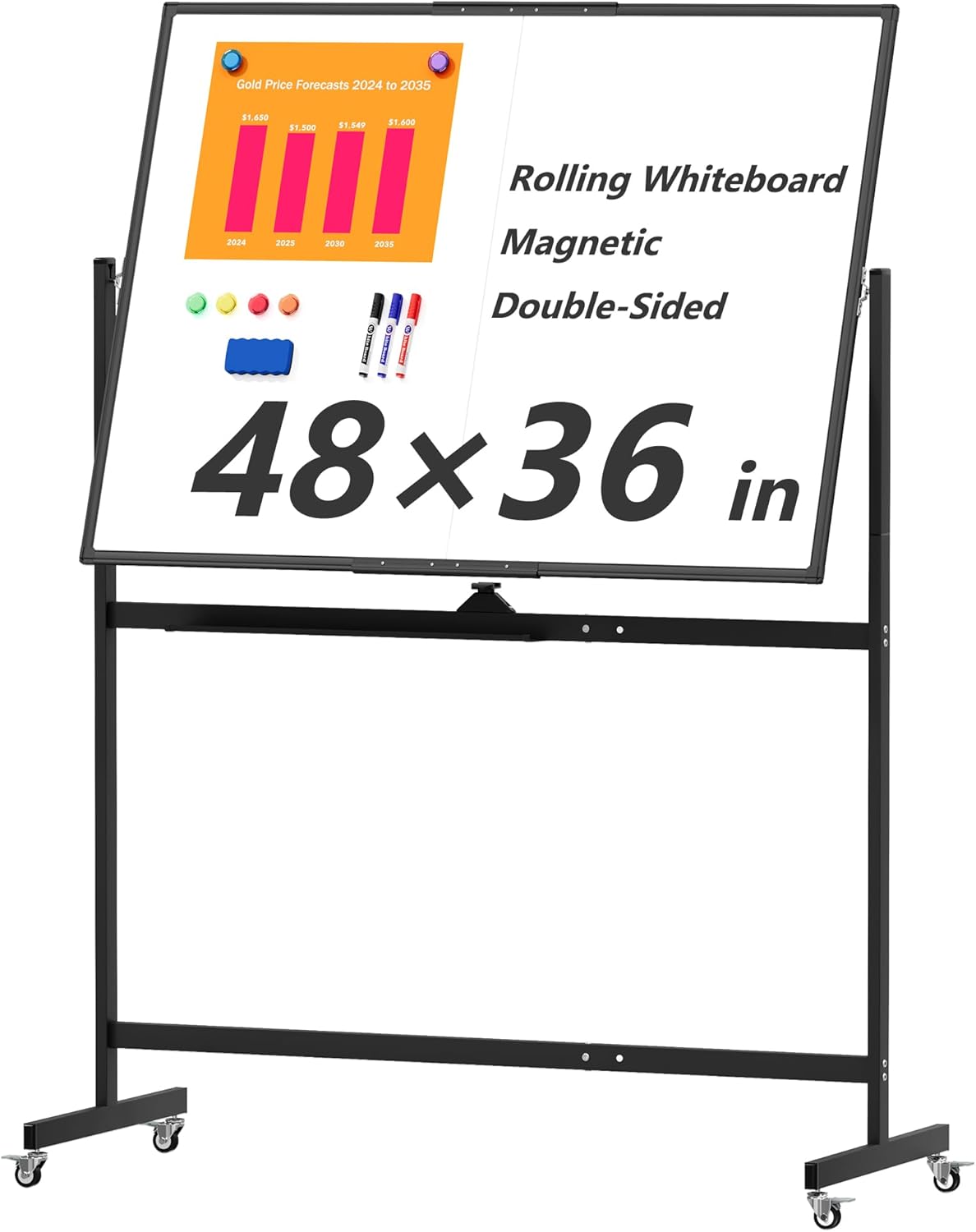 Large Rolling Whiteboard on Wheels, 48" x 36" Double-Sided Mobile White Board with Stand, 4' x 3' Portable Standing Magnetic Dry Erase Board Easel for Home Office Classroom School, Black