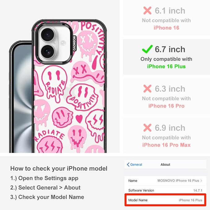 MOSNOVO Case for iPhone 16 Plus, [10ft 4X Military-Grade Drop Protection] Durable & Shockproof Phone Case Cover Design for iPhone 16 Plus - Pink Dripping Smiles - Clear Black