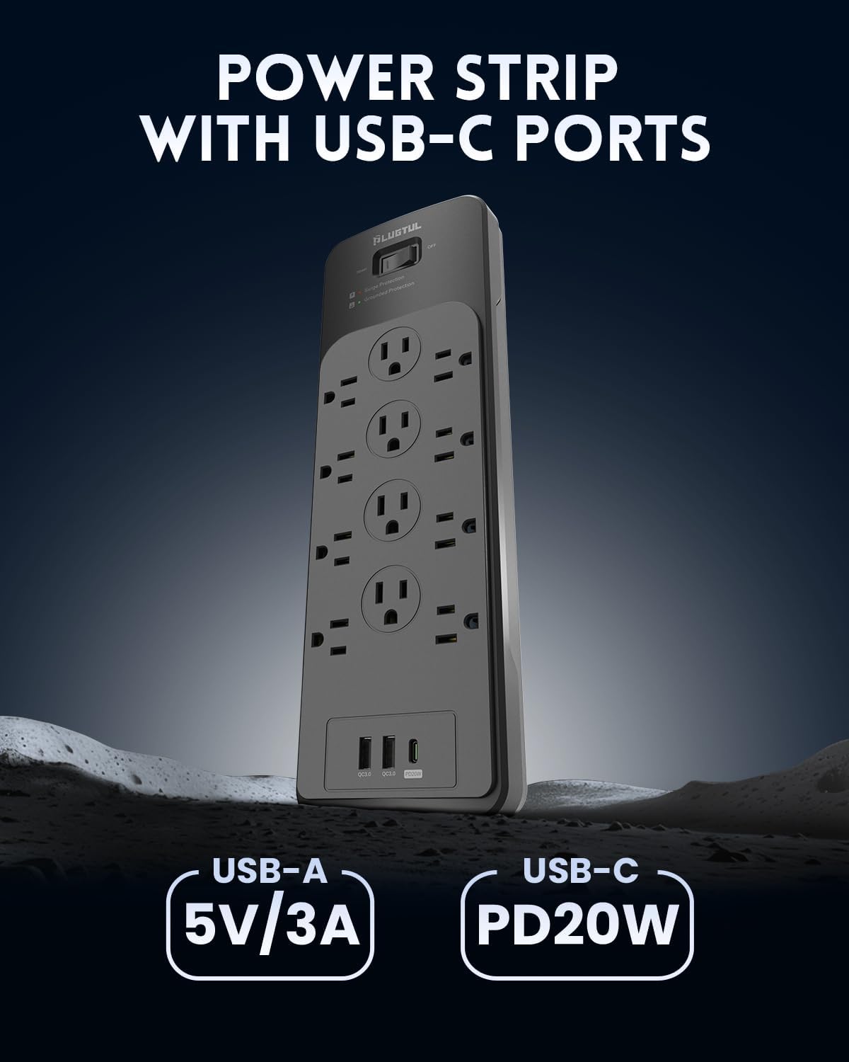 Surge Protector Power Strip 15FT(4080J), PLUGTUL Surge Protector with 12 Outlets - Spacious Design for Large Plugs, Flat Plug, 20W USB C Charging for Home, Office, ETL Listed