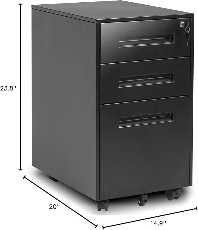 Superday Black 3 Drawer Mobile File Cabinet, Metal Rolling Vertical File Cabinet with Drawers, Small Under Desk Lateral Cabinet for Office and Home, Fully Assembled Except Wheel(B)