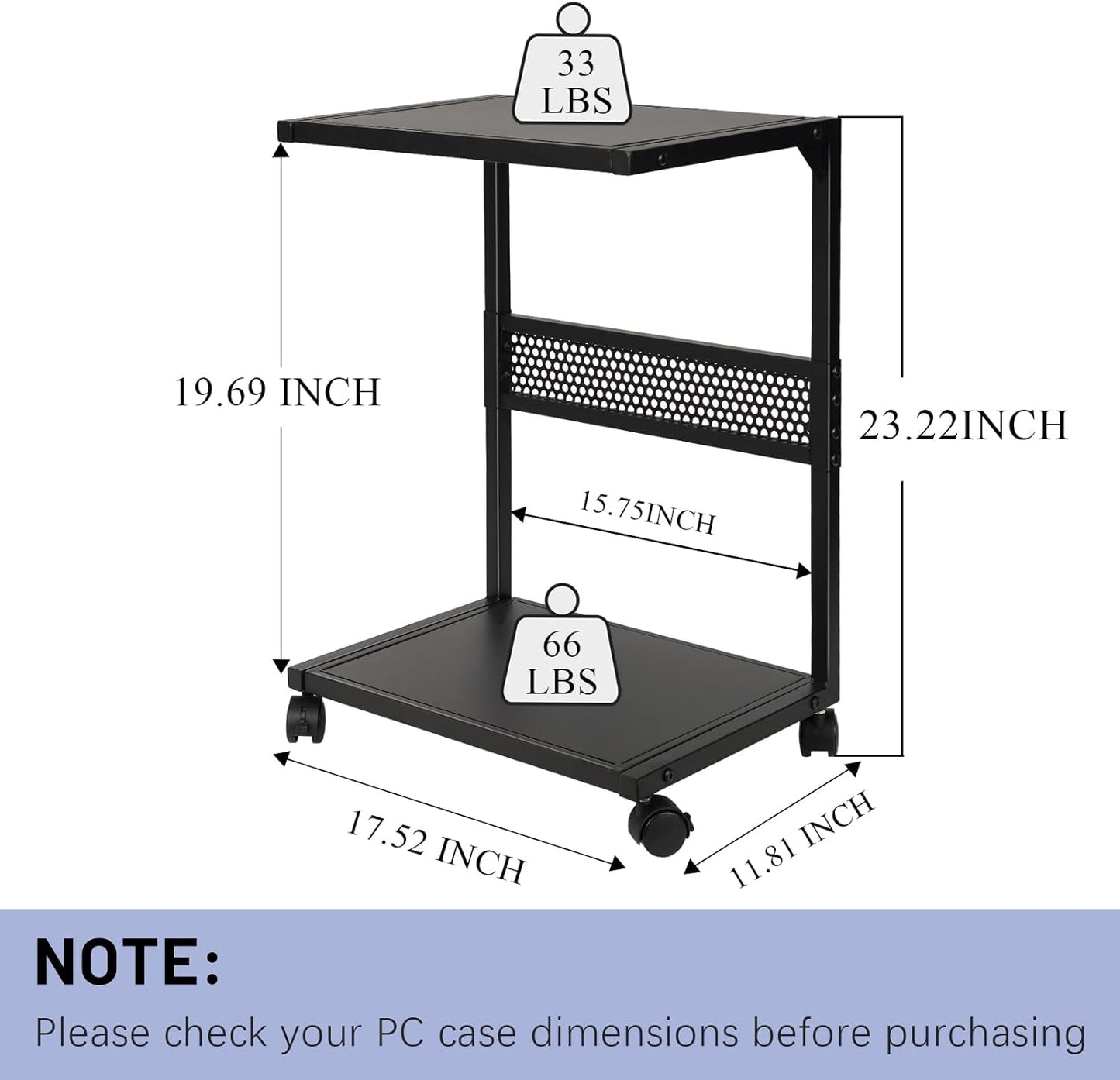 PC Stand Computer Tower Stand 2-Tier Metal CPU Holder with Locking Caster Wheels Suitable for Most PC (S,Black)