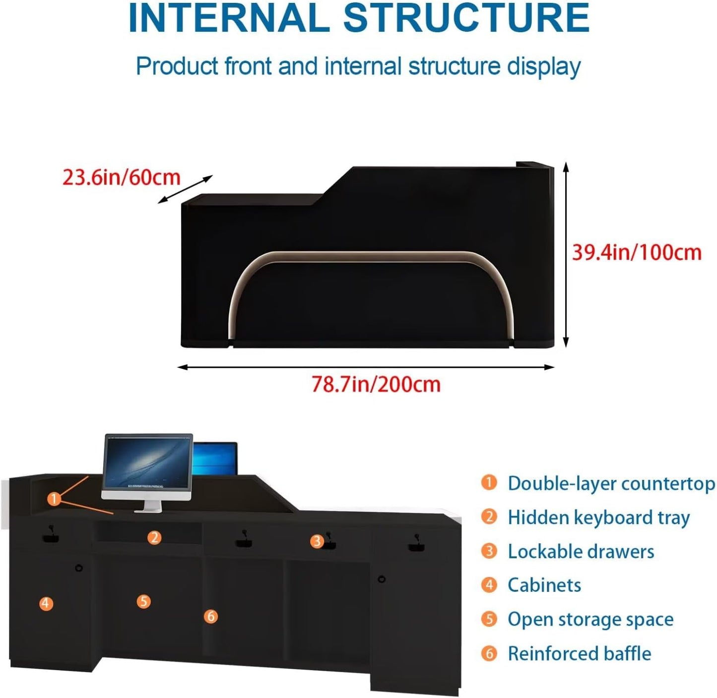 Reception Desk with Counter Modern Front Office Desk Large Reception Room Tables Checkout Counter Reception Table for Retail Lobby Beauty Salons E 79inch/200cm